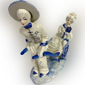 Porcelain Chinese Rickshaw Man and Lady Figurine Vintage 1960s